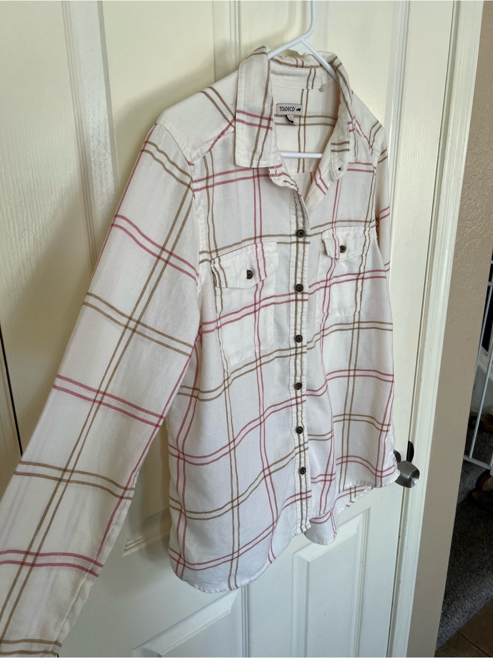 Toad&Co Re-Form Flannel Plaid Shirt Cream Pink Tan Size Large - Picture 6 of 10